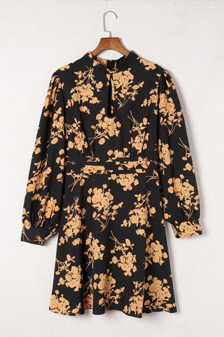 Black Plus Size Cut-out Neckline Long Sleeve Floral Dress