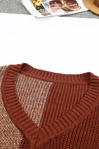 Brown Color Block Knitted Drop Shoulder V Neck Sweater