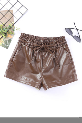 Brown PU Leather Belted High Waist Shorts