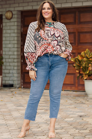 Black Plus Size Mixed Print Long Sleeve Blouse