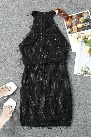 Black Sequined Fringed Mini Dress