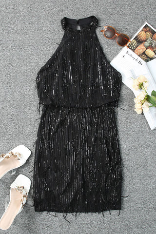 Black Sequined Fringed Mini Dress