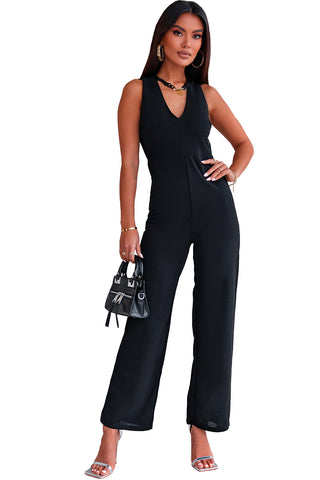 Black V Neck Crisscross Back Wide Leg Jumpsuit