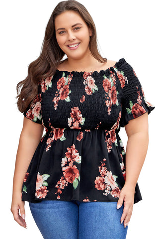 Black Floral Smocked Off Shoulder Plus Size Blouse