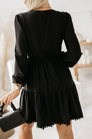 Black Lace Splicing Long Sleeve Ruched Mini Dress