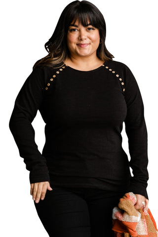 Black Plus Size Solid Buttons Long Sleeve Top