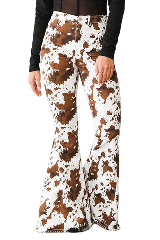 Brown Abstract Print Raw Hem High Waist Flare Pants