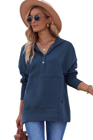 Blue Batwing Sleeve Pocketed Henley Hoodie