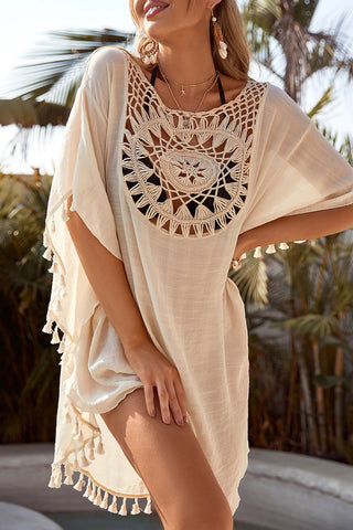 Beige Boho Crochet Tasseled Oversized Beach Cover Up