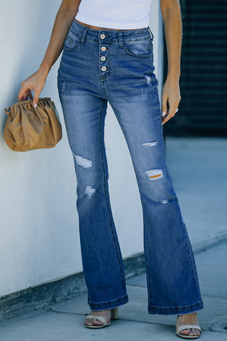 Dark Blue Mid Rise Button Front Flare Denim