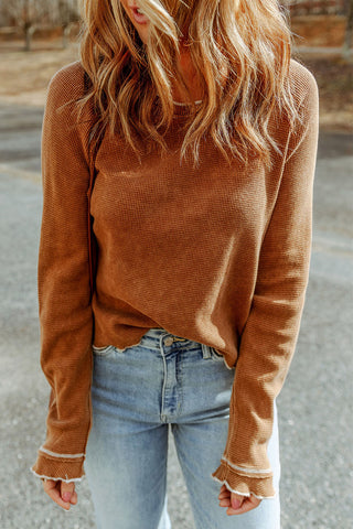 Brown Textured Round Neck Long Sleeve Top