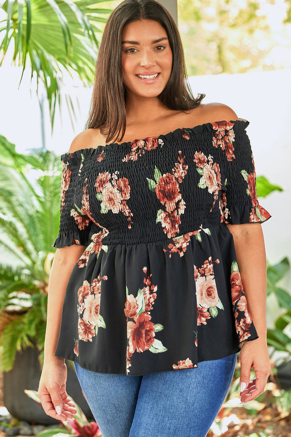 Black Floral Smocked Off Shoulder Plus Size Blouse