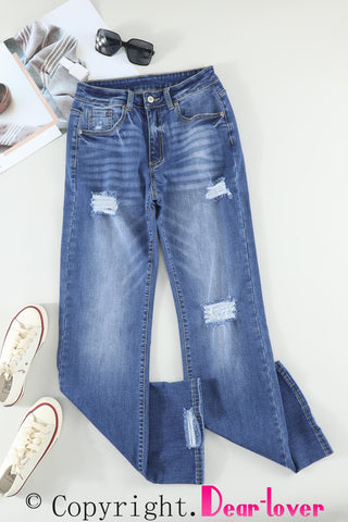 Blue High Rise Washed Distressed Flare Jeans