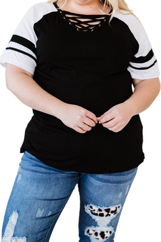 Black Crisscross V Neck Raglan Sleeve Plus Size Tee