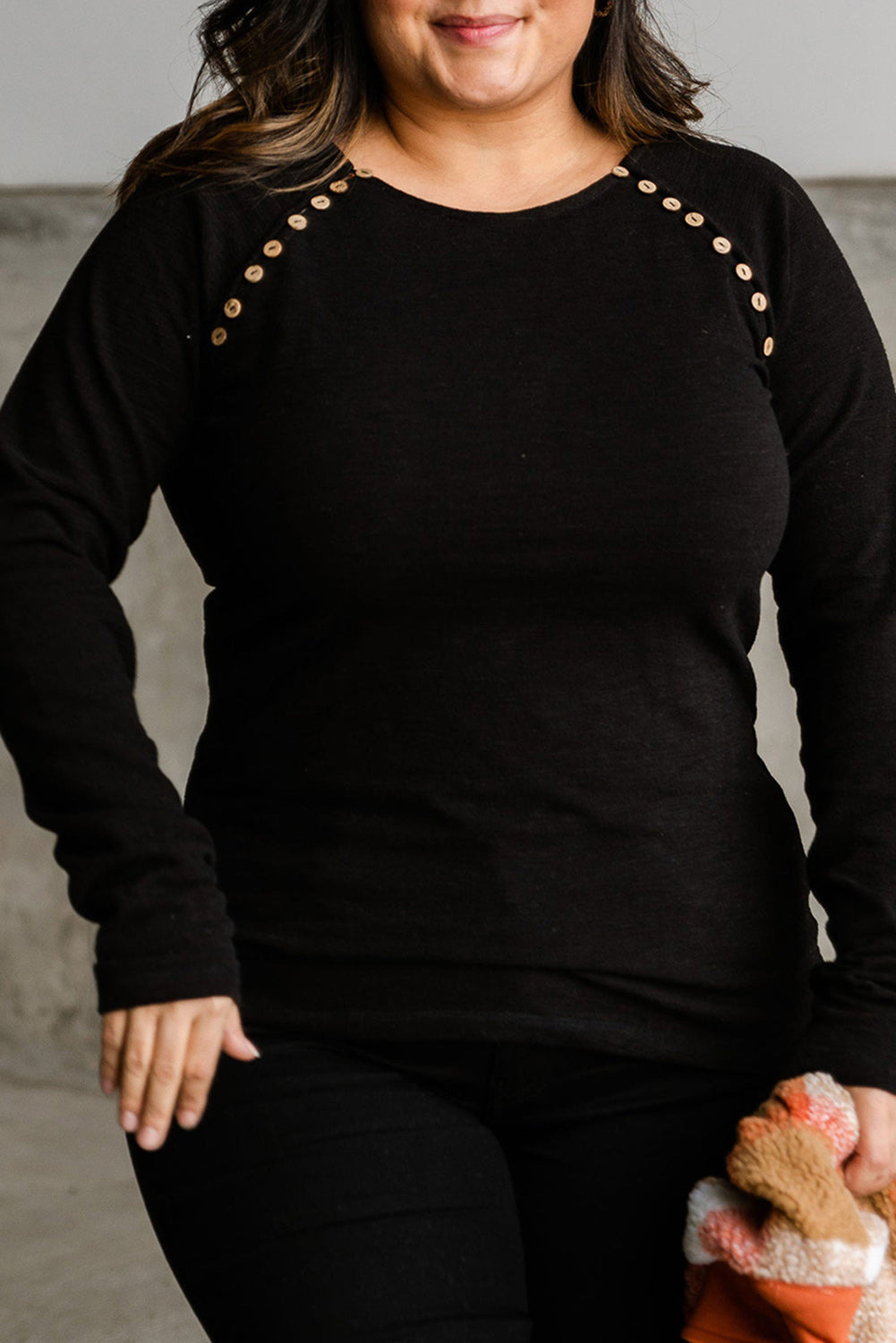 Black Plus Size Solid Buttons Long Sleeve Top