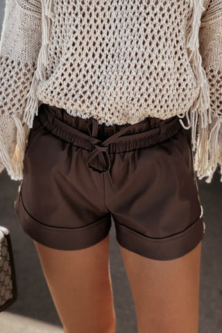 Brown PU Leather Belted High Waist Shorts