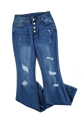 Dark Blue Mid Rise Button Front Flare Denim