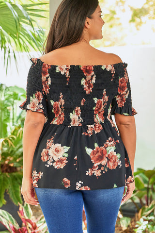 Black Floral Smocked Off Shoulder Plus Size Blouse