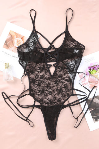 Black Plus Size Strappy Grommet Detail Sheer Mesh Teddy Lingerie