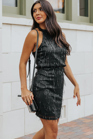 Black Sequined Fringed Mini Dress