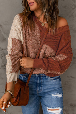 Brown Color Block Knitted Drop Shoulder V Neck Sweater