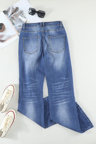 Blue High Rise Washed Distressed Flare Jeans