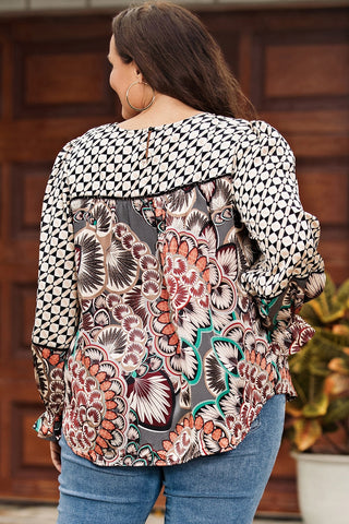 Black Plus Size Mixed Print Long Sleeve Blouse