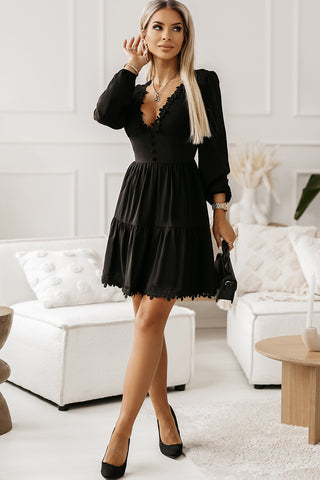 Black Lace Splicing Long Sleeve Ruched Mini Dress