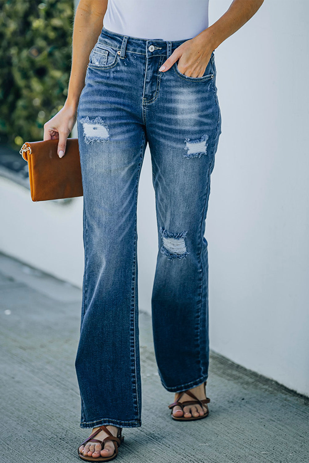 Blue High Rise Washed Distressed Flare Jeans