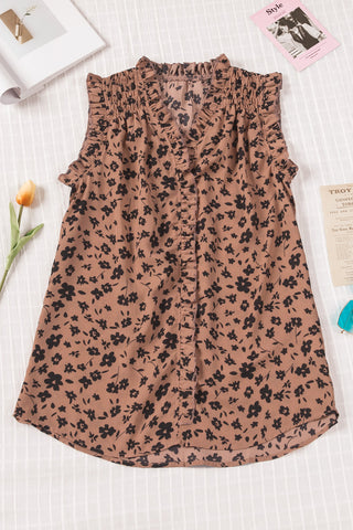 Brown Floral Print Frilled Tank Top