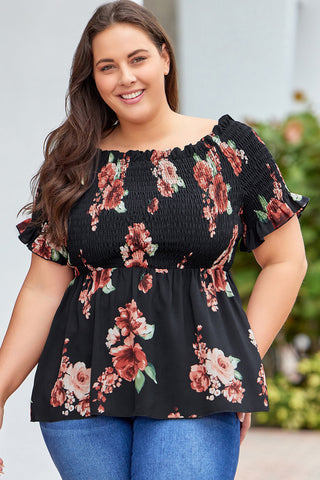 Black Floral Smocked Off Shoulder Plus Size Blouse